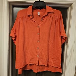 Zenana Linen Ruched Seam Cuffed Sleeve Button Down Top, Burnt Orange - S/M
